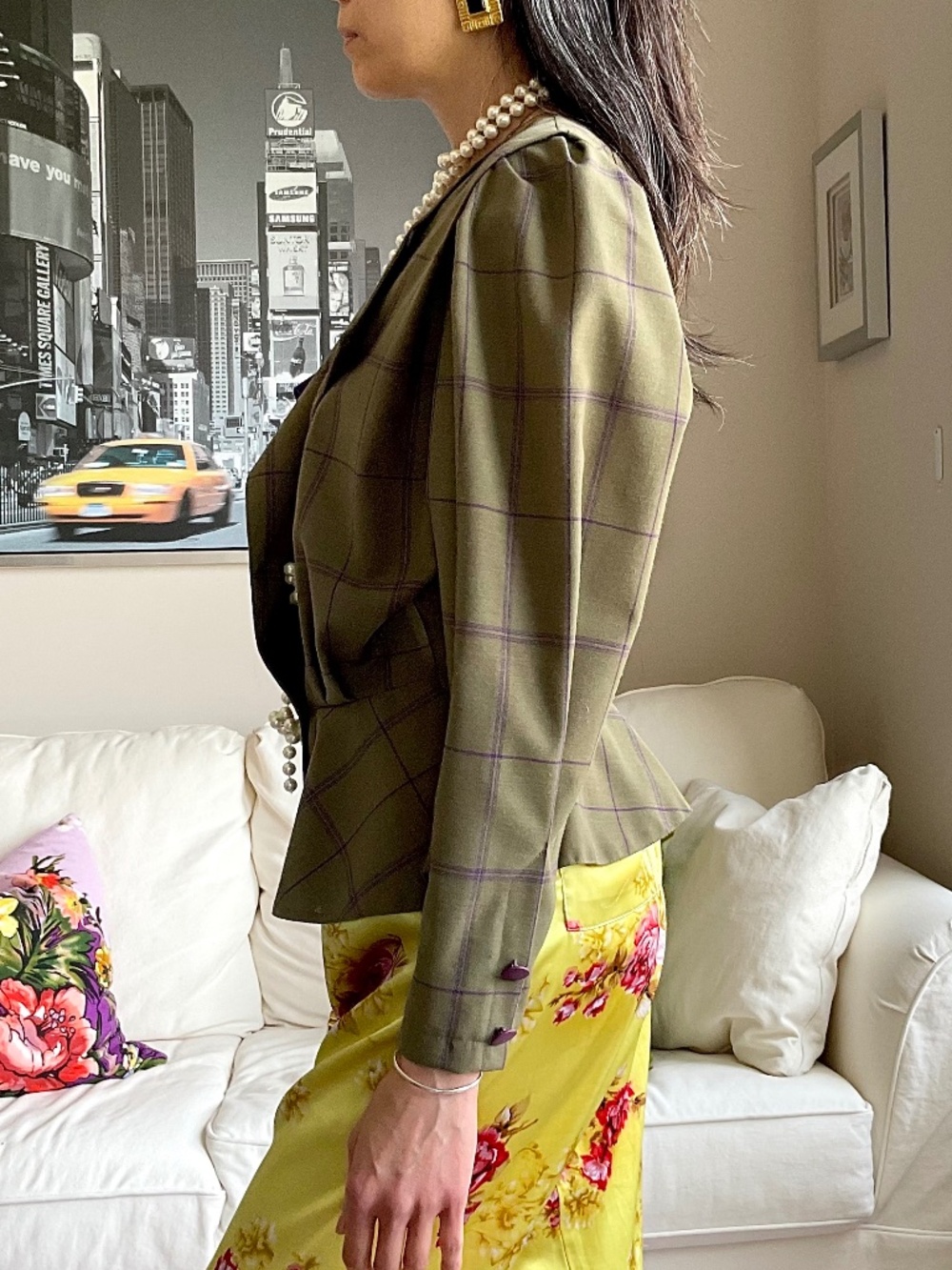 Wool blend Moss green with purple check peplum blazer - Picture 3 of 16